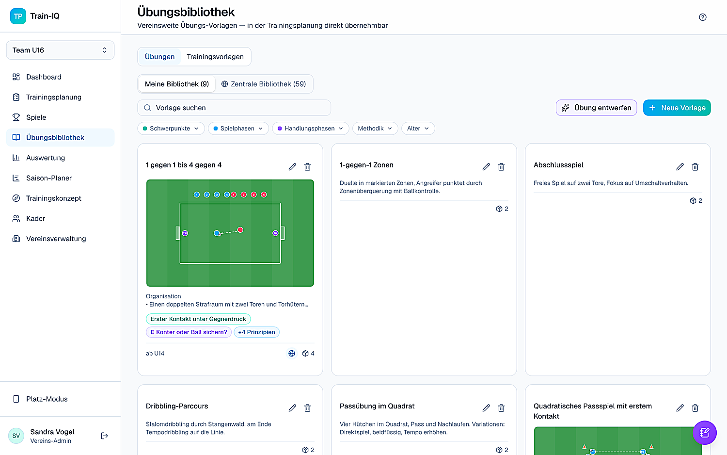 train.IQ – Übungsbibliothek mit Filtern und Drill-Vorlagen
