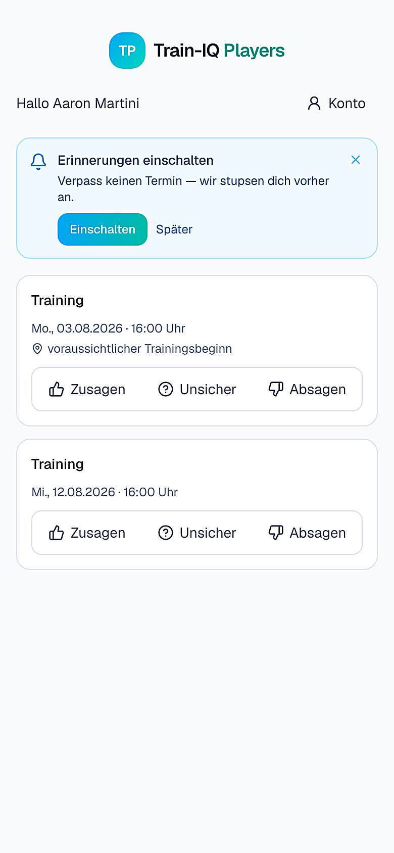 train.IQ Players – Spieler sagt Training per App zu oder ab
